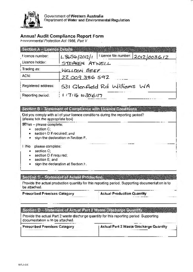 Welldon Beef Feedlot Licence Annual Audit Compliance Report