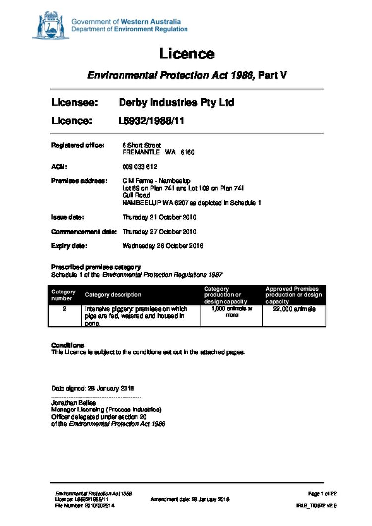 Nambeelup Piggery Licence