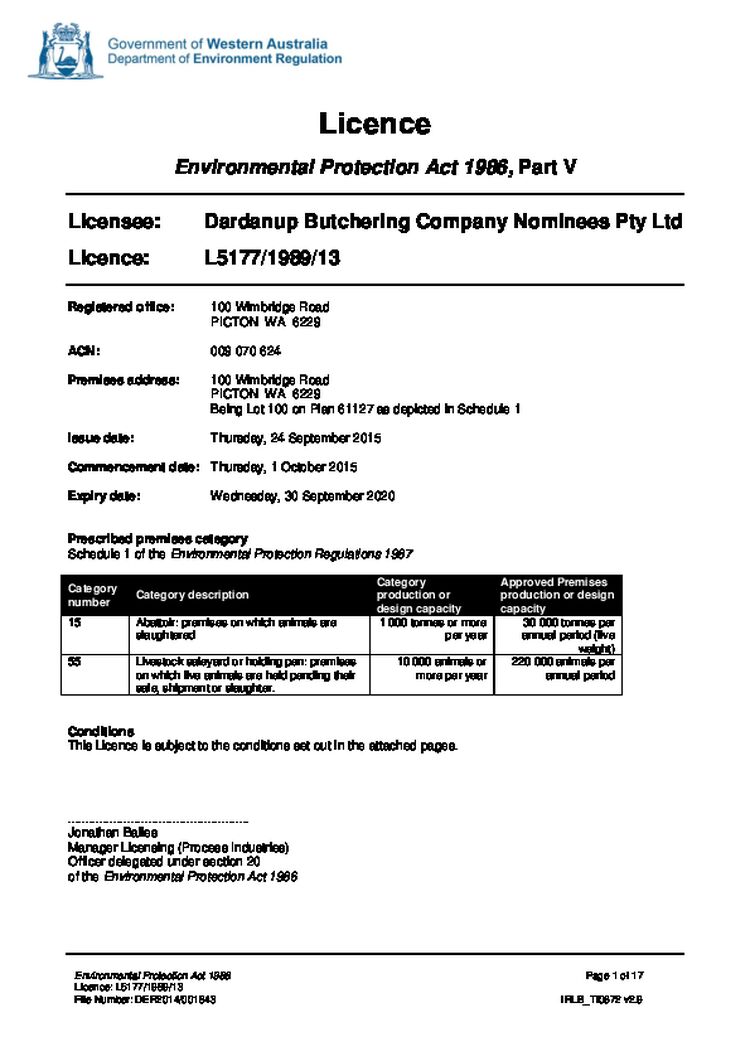 Dardanup Butchering Company Licence