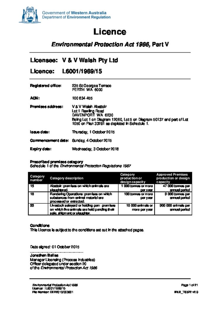 V & V Walsh Abattoir Licence