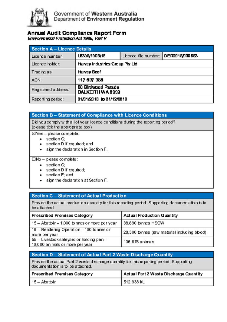 Harvey Beef Abattoir Annual Audit Compliance Report