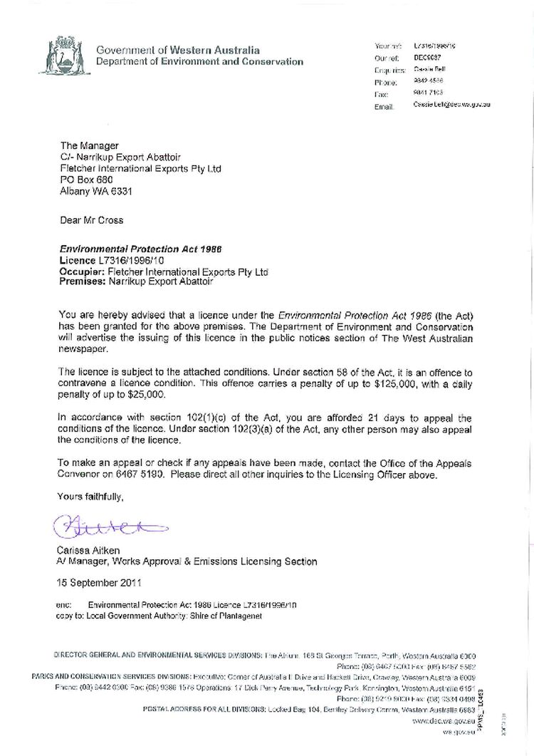 Narrikup Export Abattoir Licence