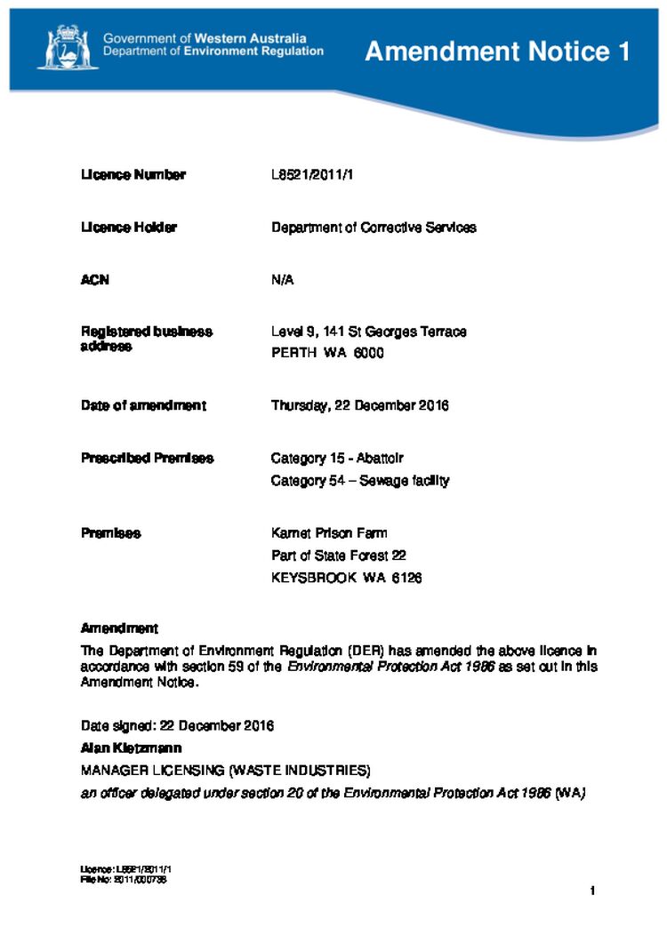 Karnet Prison Farm Abattoir Licence Amendment Notice