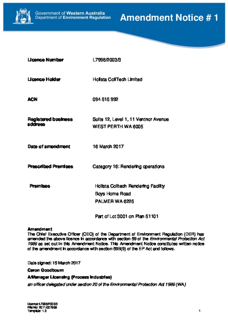 Holista Colltech Rendering Facility Licence Amendment