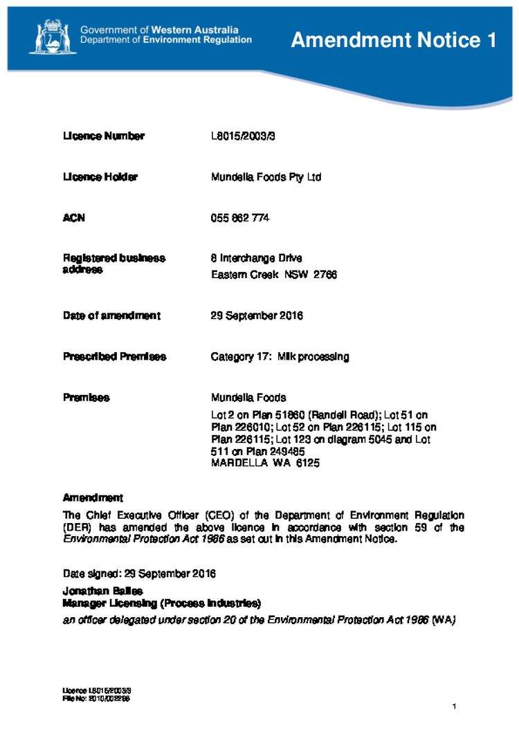 Mundella Food Dairy & Milk Processing Licence Amendment