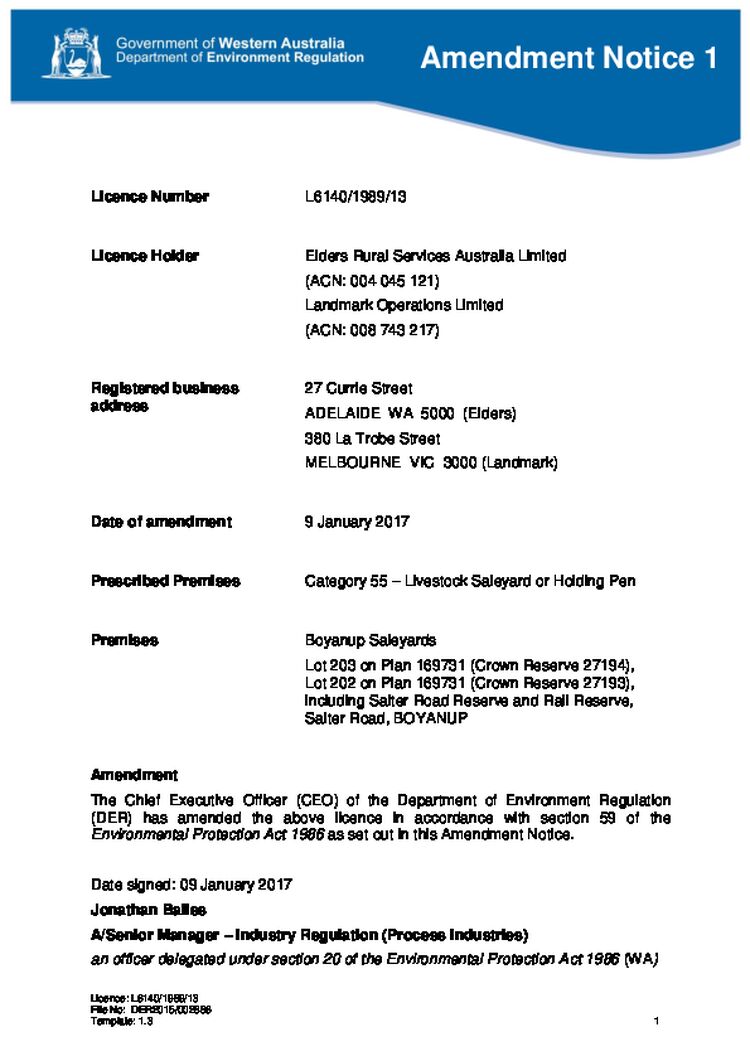Boyanup Saleyard Licence Amendment 1