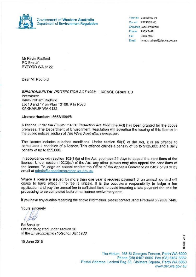 Kevin William Radford (Saleyard/Holding Pen) Licence