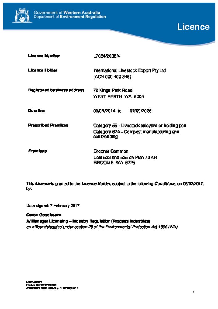 Broome Common Saleyard/Holding Pens Lincence