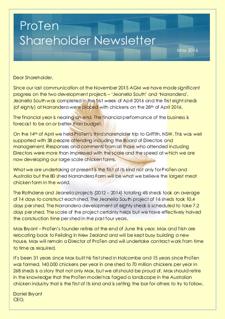 ProTen Shareholder Newsletter May 2016