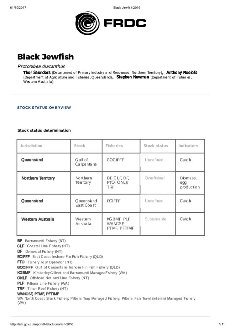 FRDC Stock Status Overview - Black Jewfish 2016