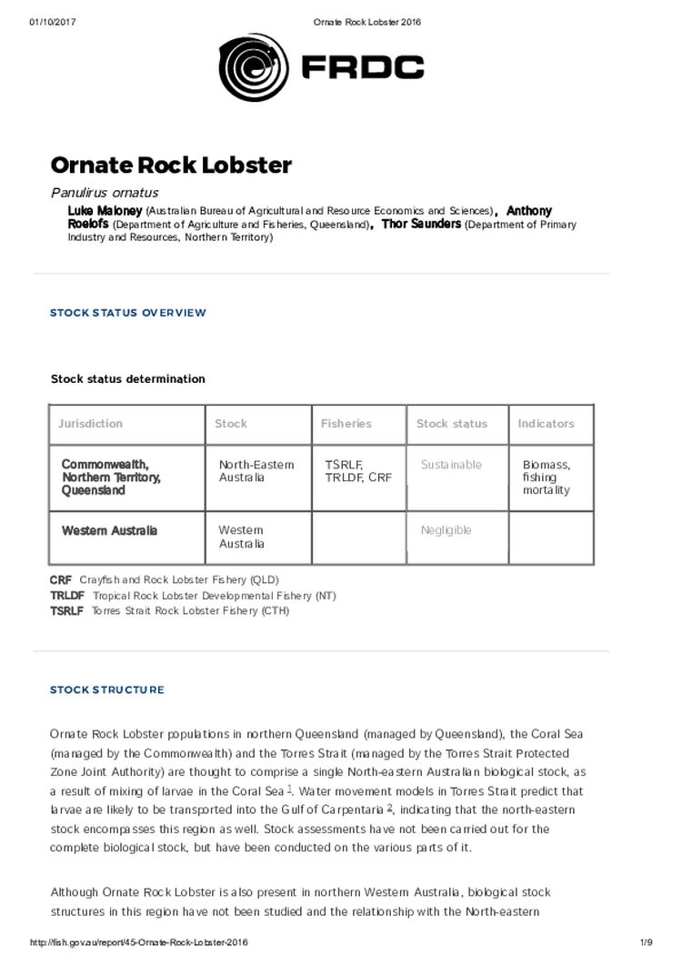 FRDC Stock Status Overview - Ornate Rock Lobster 2016