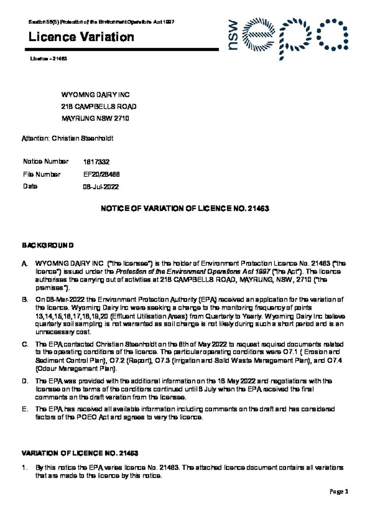 NOTICE OF VARIATION OF LICENCE NO. 21463