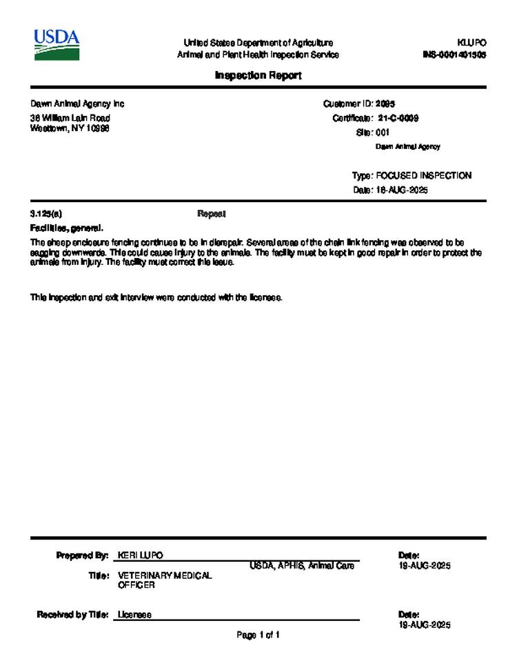 Inspection Report Dawn Animal Agency Inc Aug 2025