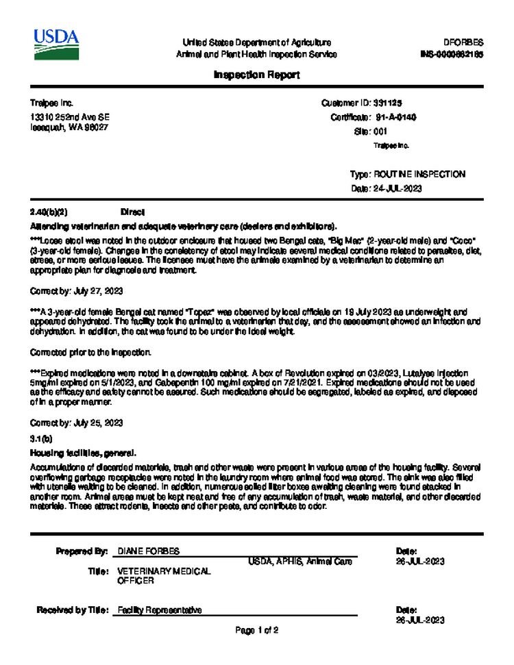 Traipse Kitten Mill USDA APHIS Inspection Report Jul 2023