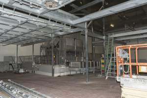 New killing/processing building containing giant gas chamber - Under construction at time of photos (2015). Gondolas much larger to gas many more pigs at once. Side of chamber opens, wall closes in to push pigs into gondola. - Captured at JBS Pork Australia (formerly Diamond Valley Pork), Laverton North VIC Australia.
