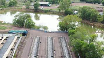 Cages at hidden Crocodylus crocodile farm - Drone flyover - Captured at Crocodylus Park Farm & Abattoir, Knuckey Lagoon NT Australia.