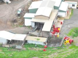 Drone flyover of slaughterhouse - Holding pens, stunning pen and knockbox visible - Captured at Menzel's Meats, Kapunda SA Australia.