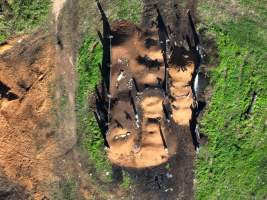 Dead pile at a Burnett Pork Alliance piggery - Aerial view of a dead pile at a 'Burnett Pork Alliance' piggery. - Captured at Burnett Pork Alliance, Derri Derra QLD Australia.