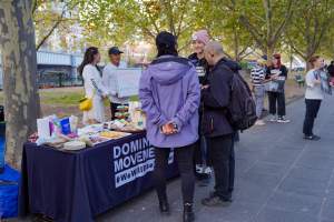 Mother's Day: Dominion Outreach Melbourne: 11 May 2025 - Animal rights activists participating in a street outreach event in Southbank, Victoria, Australia. Volunteers give out free vegan treats, show footage from Farm Transparency Project's dairy investigations, and engage the public in conversations, bringing awareness to the hidden reality of what happens to cows, calves, and bulls in the Australian dairy industry. - Captured at VIC.