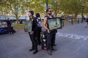 Mother's Day: Dominion Outreach Melbourne: 11 May 2025 - Animal rights activists participating in a street outreach event in Southbank, Victoria, Australia. Volunteers give out free vegan treats, show footage from Farm Transparency Project's dairy investigations, and engage the public in conversations, bringing awareness to the hidden reality of what happens to cows, calves, and bulls in the Australian dairy industry. - Captured at VIC.