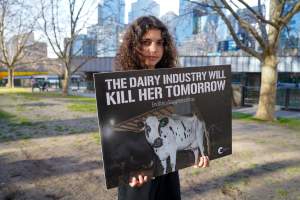 3 August 2025: Dominion Outreach Melbourne: Shut Down Slaughterhouses - Animal rights activists participating in a street outreach event in Southbank, Naarm/Melbourne. Some wear TVs showing footage from Farm Transparency Project's slaughterhouse investigations as part of the Shut Down Slaughterhouses campaign. Others hold placards or engage the public in conversations. Together, they bring awareness to the hidden reality of what happens to animals inside slaughterhouses. - Captured at VIC.