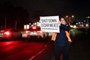 Cedar Meats Vigil - National Week Of Action 2025 - During the Shut Down Slaughterhouses Week of Action, we held a vigil outside of the Cedar Meats slaughterhouse in Brooklyn, Victoria.
During a two week investigation last year, our hidden cameras captured the handling and slaughter of animals, including newborn lambs and kids born in the holding pens of the slaughterhouse.
It was a Wednesday night when we gathered outside the slaughterhouse, holding signs and listening to music and speeches from investigators. We wanted to send a message to Cedar Meats, to let them know that we have not forgotten how they treat animals when they believe that no one is watching
We poured fake blood across their driveway as a visual reminder to everyone passing by, that animals arriving here are coming to their deaths. At the gates to the slaughterhouse, we each left a flower.
The images of animals whose deaths we have seen will haunt us forever, but we are determined to continue to fight in their name. - Captured at Cedar Meats, Brooklyn VIC Australia.