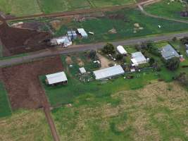 Drone flyover - Drone flyover of unknown dairy farm showing dairy and calf sheds. - Captured at Unnamed dairy, Jervois SA Australia.