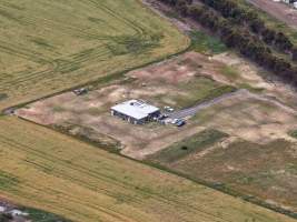 Drone flyover of broiler (meat) chicken farm - Captured at Pavilion Farm 6, Anakie VIC Australia.