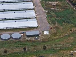 Drone flyover of broiler (meat) chicken farm - Captured at Pavilion Farm 6, Anakie VIC Australia.