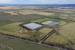 Drone flyover of broiler (meat) chicken farm - Captured at Pavilion Farm 6, Anakie VIC Australia.