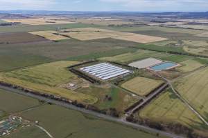 Drone flyover of broiler (meat) chicken farm - Captured at Pavilion Farm 6, Anakie VIC Australia.