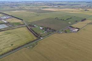 Drone flyover of broiler (meat) chicken farm - Captured at Pavilion Farm 1, Anakie VIC Australia.