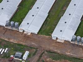 Drone flyover of broiler (meat) chicken farm - Captured at Pavilion Farm 1, Anakie VIC Australia.