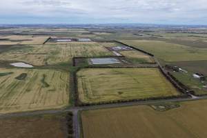 Drone flyover of broiler (meat) chicken farm - Captured at Pavilion Farm 1, Anakie VIC Australia.