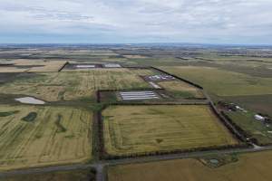 Drone flyover of broiler (meat) chicken farm - Captured at Pavilion Farm 1, Anakie VIC Australia.