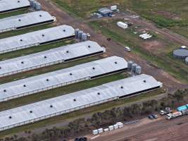 Drone flyover of broiler (meat) chicken farm - Captured at Pavilion Farm 2, Anakie VIC Australia.