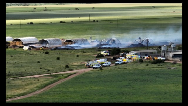 Drone flyover of burning piggery